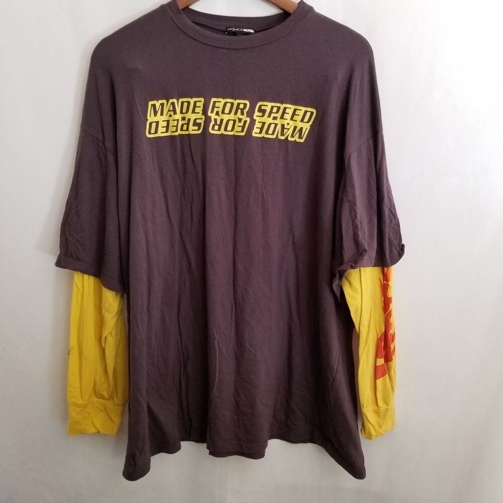 Fashion Nova Long Sleeve Graphic T-Shirt 2XL Made for Speed Flames Checkered